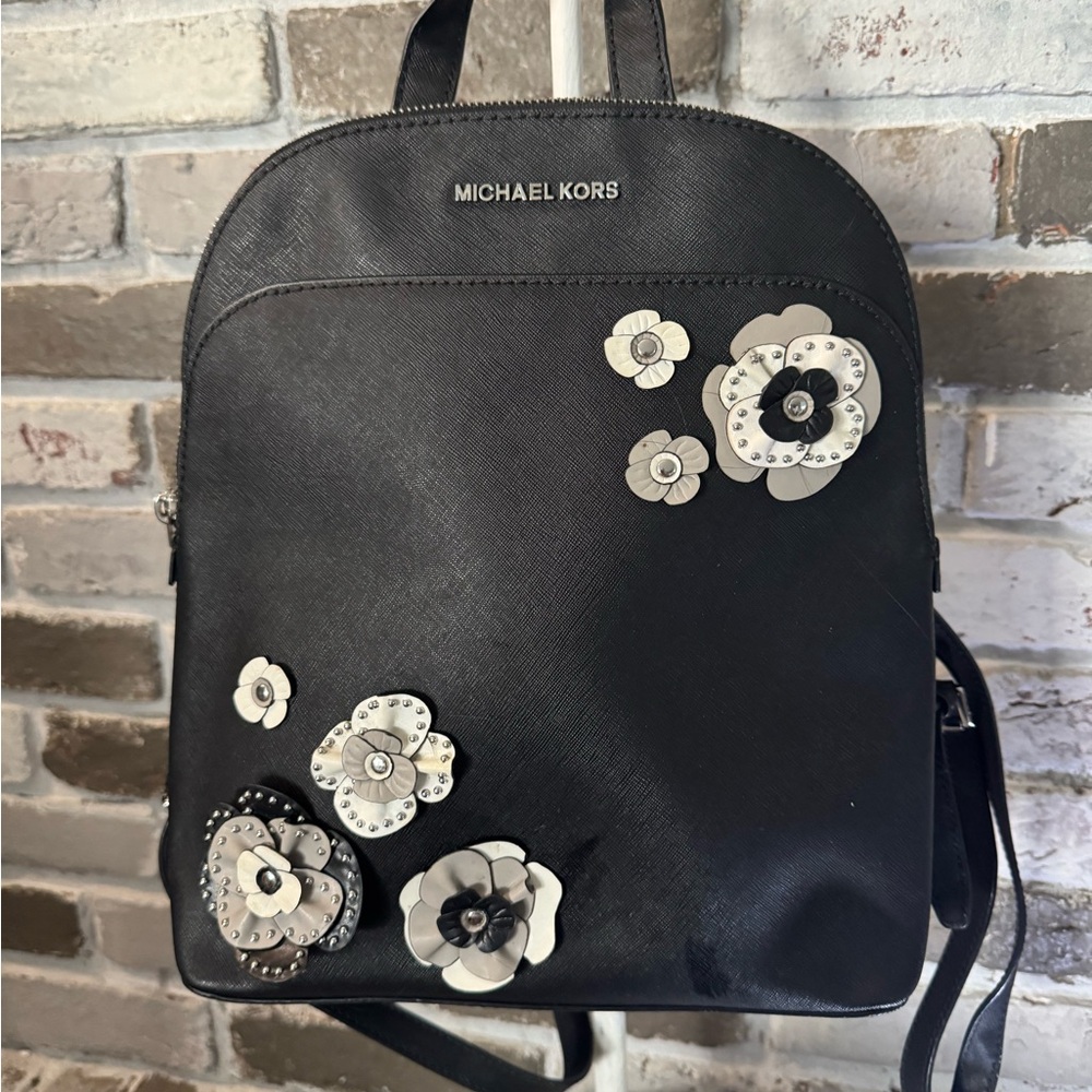 MICHAEL KORS ~  Emmy flower backpack Black with White Floral Embellishments